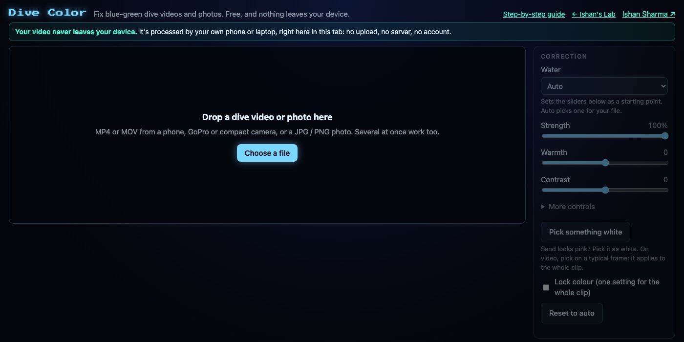 The Dive Color page before you pick a file: the drop area on the left, the sliders on the right.