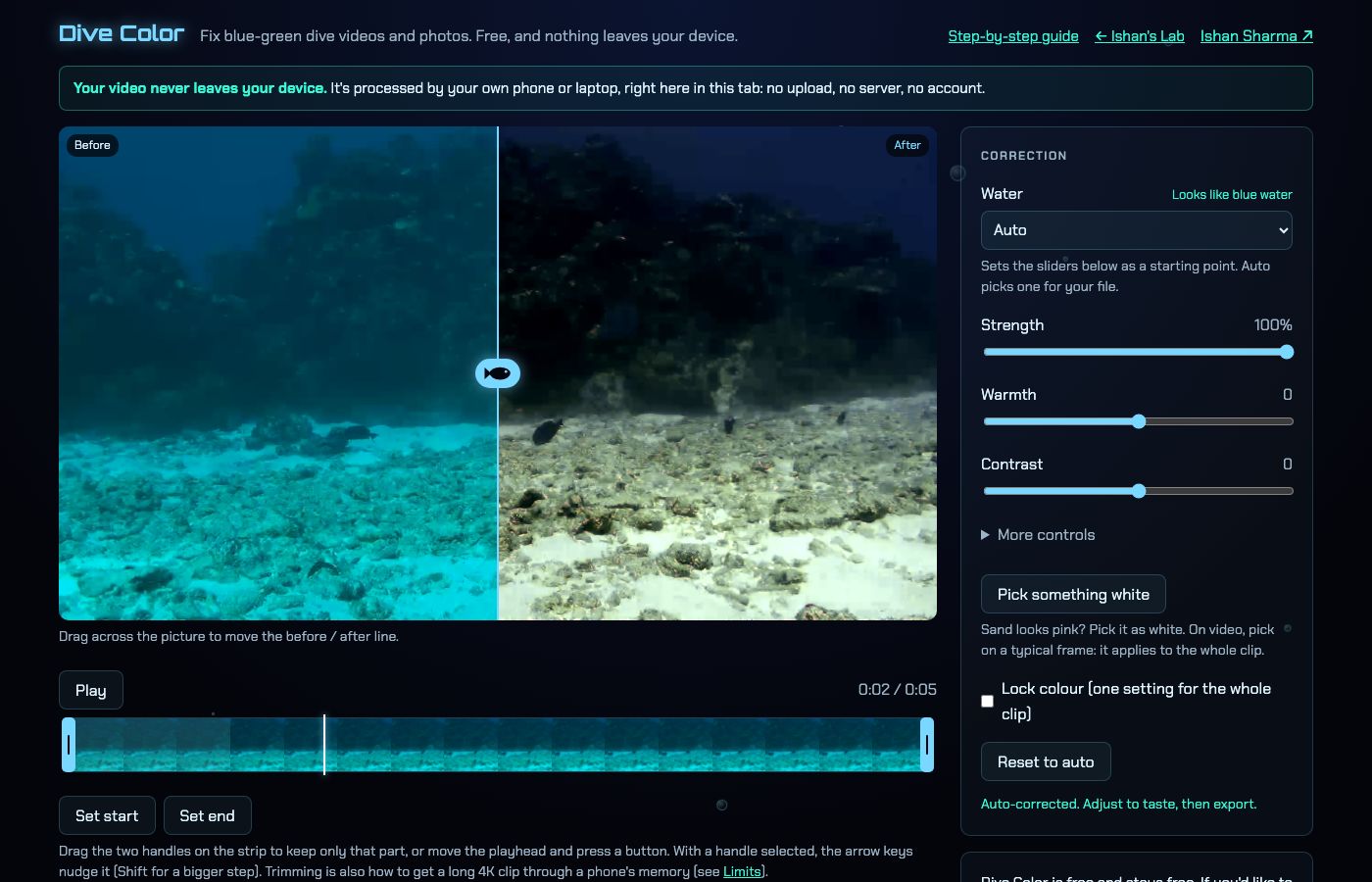 Right after opening a 5 second clip. The strip of small pictures under the video is the timeline, with a trim handle at each end. The status line says Auto-corrected when the reading is done.