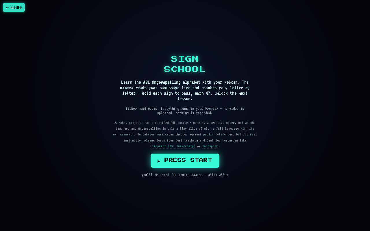 The Sign School start screen with a Press Start button